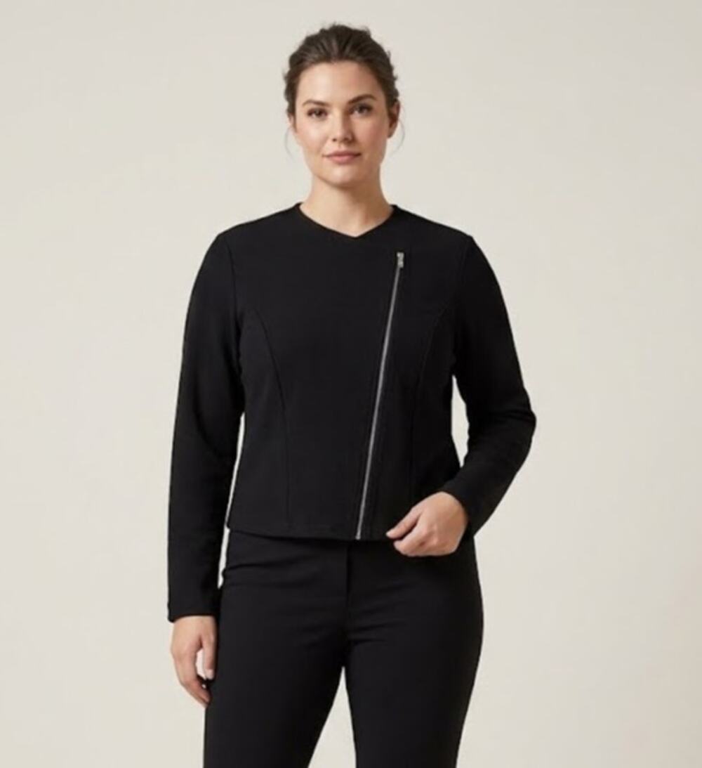 Women's Black Moto Jacket Minimalist Diagonal Silver Full Zip Cropped Size 1XL‎